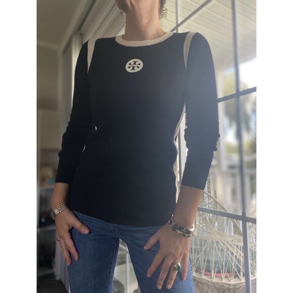 Tory Burch Signature Merino Wool Black Patch Sweater M - Picture 1 of 12